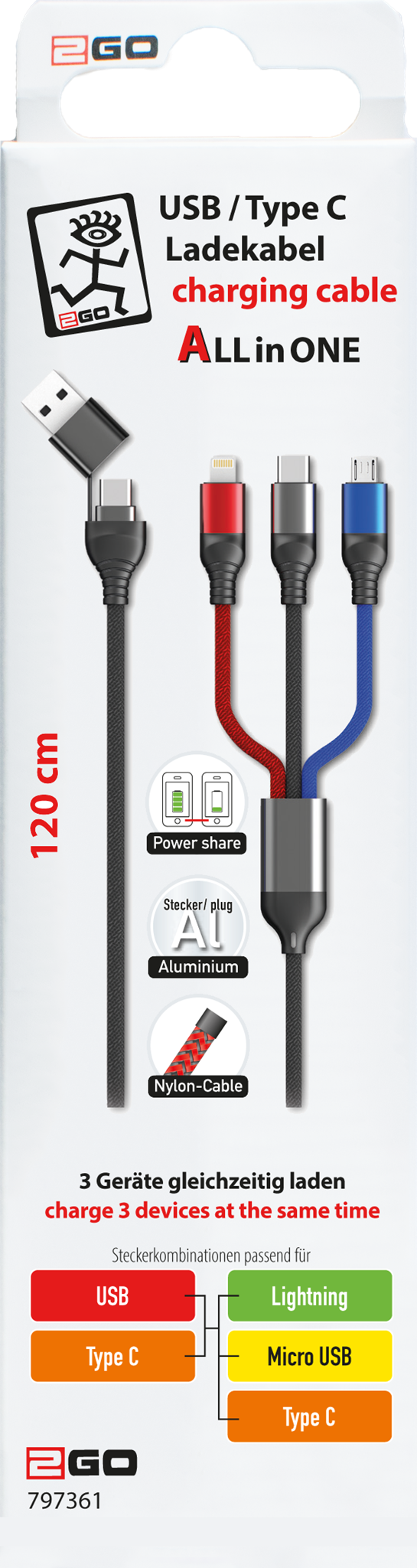 Bild von All in One USB / Type C Ladekabel - colormix - 120cm