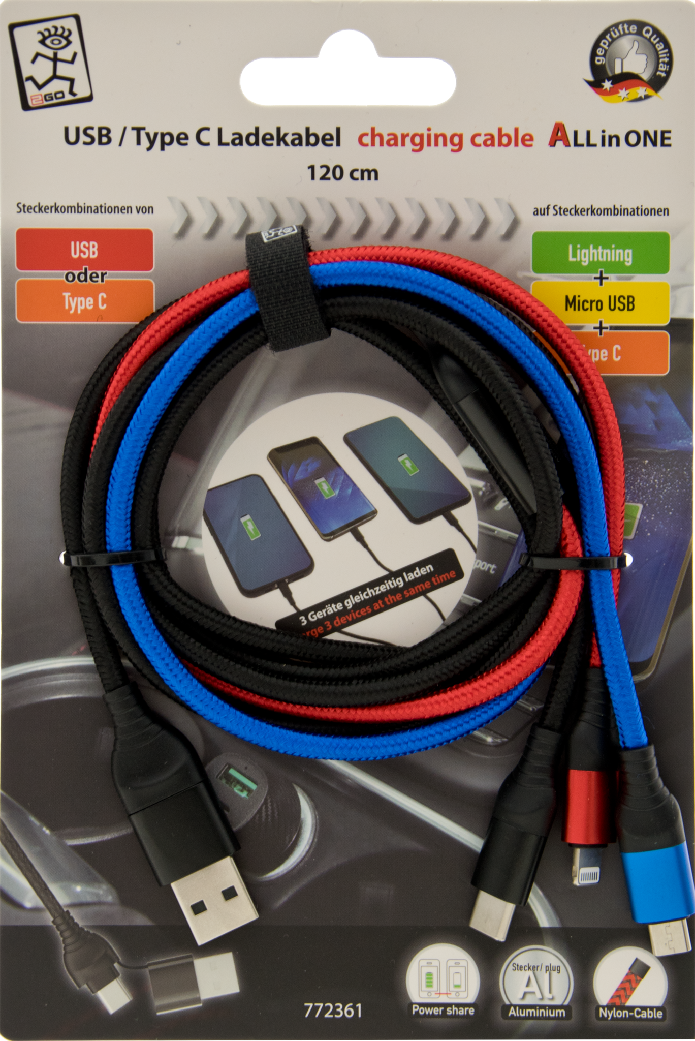 Bild von All in One USB / Type C Ladekabel colormix 120cm